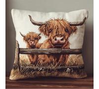Stamped Cross Stitch Pillow Kits Highland Cattle On A Fence 17.7X17.7In(45X45Cm) 11Ct Pre-Printed DIY Cross Stitch Cushion Pillow Case Cover Embroidery Kit for Adults Needlepoint Handmade Cu