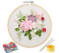 Stamped Embroidery Kit DIY Beginner Silk Ribbon Embroidery Starter Kit for Art Craft Handy Sewing Including Color Pattern Embroidery Cloth, Embroidery Hoop, Color Threads, Tools Kit (1 Pack, Style 2#)