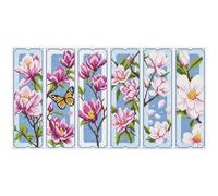 Stamped Stitch Bookmark Kit for Adults Magnolia 14CT 30x50cm | Floral 6Pcs Set Pre Printed Cotton Canvas with Needle Thread And Illustrated Pattern Guide
