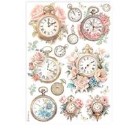 Stamperia A4 Rice Paper - Vintage Clocks and Roses Design