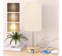 STANBOW Bedside Lamps, Touch Lamps Bedside with USB A+C Charging Ports, 3-Way Dimmable LED, Table Lamps for Living Room Bedroom Gift with Beige Shade-Wood Base (LED Bulb Included)