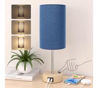STANBOW Bedside Lamps, Touch Lamps Bedside with USB A+C Charging Ports, 3-Way Dimmable LED, Table Lamps for Living Room Bedroom Gift with Blue Shade-Wood Base (LED Bulb Included)