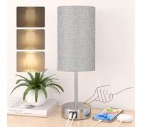STANBOW Bedside Lamps, Touch Lamps Bedside with USB A+C Charging Ports, 3-Way Dimmable LED, Table Lamps for Living Room Bedroom Gift with Gray Shade-Silver Base (LED Bulb Included)