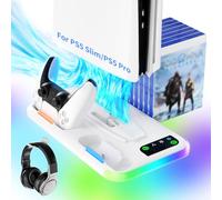 Stand and Cooling Station for PS5/Slim/Pro | 3-Level Cooling Fan, Dual Controller Charging, Game Disc Storage & RGB Light for PlayStation 5 Disc/Digital