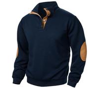 Stand Collar Pullover Men, Textured Long Sleeve Pullover Hoodless Winter Warm Sweatshirt with Elbow Patch Comfortable Warm Jumpers Sweater Top Loose Fit Golf Sweater Solid Color Outerwear Navy