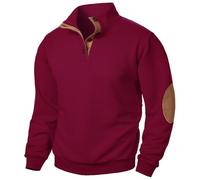 Stand Collar Pullover Men, Textured Long Sleeve Pullover Hoodless Winter Warm Sweatshirt with Elbow Patch Comfortable Warm Jumpers Sweater Top Loose Fit Golf Sweater Solid Color Outerwear Wine