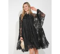 Stand Collar Shift Dress With Heavily Gathered Tiered Mesh Frills Shirt Hem Design CY Black S/M