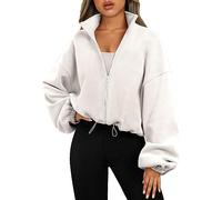 Stand Collar Sweatshirt for Women Spring Full Zip Fleece Short Jacket Warm Long Sleeve Crop Coat Going Out Tops Beige