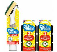 Stand Dish Brush with Fillable Handle & 6 Extra Heavy Duty Sponge Refills, Refillable Washing Up Scrubber for Pots, Pans & Kitchen Cleaning.