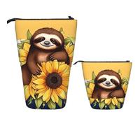 Stand Pencil Case Cartoon Sloths Sitting On Sunflower Telescopic Pen Pouch Stationery Telescopic Pencil Bag Multifunctional Makeup Bag for School Office Unisex Students