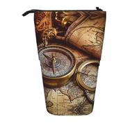 Stand Pencil Case Compass and Old Wor-Ld Map Print, Black Pen Holder Large Standing Pencils Pouch Stationery Makeup Bag for Organizer Stationary Students Unisex
