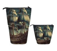 Stand Pencil Case Nautical Vintage Sailing Pirate Ship Standing Pencils Pouch Portablem Makeup Bag Retractable Telescopic Pen Pouch for Organizer Stationary Unisex Students