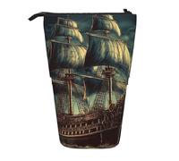 Stand Pencil Case Nautical Vintage Sailing Pirate Ship Telescopic Pen Pouch Stationery Makeup Bag Large Pen Holder for Unisex Office Supplies Organizer Stationary