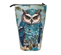 Stand Pencil Case Owl Spring Flowers Teal Print Pen Holder Cosmetic Standing Pencils Pouch Multifunctional Telescopic Pencil Bag for Students Unisex Office Supplies
