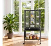 Stand Rolling Parrot Cage 53-Inch Large Budgie Cage Metal Bird Cage for Cockatiels African Grey Conures Lovebird Finch Canary Bird Flight Cage for Small Pet Home Black, 135x64x42.3CM