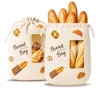 Stand Up Beeswax Bread Bag with Clear Window, Reusable Organic Cotton Food Storage with Food-Grade EVA View Window & Drawstring, Self-Standing Round Bottom Bakery Bag for Homemade Artisan Sourdough
