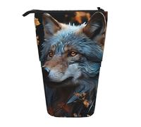 Stand Up Pen Bag Autumn Leaves and A Wolf Pen Case Personalized with Zipper Makeup Bag, for Teen, School, Travel, Office