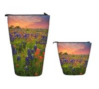 Stand Up Pen Bag Texas Bluebonnets Scenery Pen Case with Zipper Print Cosmetics Pouch, for Students, Girls, Office, Travel