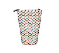 Stand Up Pencil Holder Vintage Sausage Dogs Dachshund Illustratio Cosmetics Pouch with Zipper Stand Up Pen Bag Personalized Upright Pencil Case, for Office, Girls, Kids