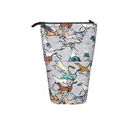 Stand Up Pencil Holder Wild Horses Silver Pattern Stationery Organizer Box with Zipper Cosmetics Pouch Large Capacity Telescopic Pencil Bag, for School, Students, Office