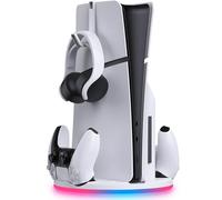 Stand with Dual Controller Charger for PS5 Slim - Playstation 5 Stand with Twin Controller Charging Station and Headset Holder - RGB Lighting - Fast Charge - For Dualsense and Dualsense Edge