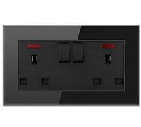 Standard Black UK Single/Double Plug in Power Wall Electrical Switched/USB Socket Charger Ports Crystal Tempered Glass Panel (Double Switched)