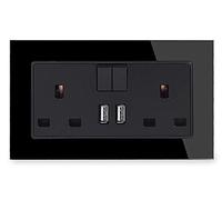 Standard Black UK Single/Double Plug in Power Wall Electrical Switched/USB Socket Charger Ports Crystal Tempered Glass Panel (Double with 2 USB)