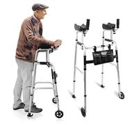 Standard Walking Frame with Bearing Wheels - Aluminum Stand Up Walker for The Elderly, Height Adjustable Walking Zimmer Frame with Armrest Pad, Small Walker Bag, Silver