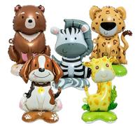 Standing Animal Foil Balloons, 5 Pack Jungle Safari Animal Balloons with Base, Bear, Zebra, Leopard, Dog, Giraffe Balloons for Birthday, Wild One, Zoo Themed Party Decorations, No Helium Needed