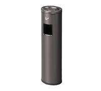Standing ashtray for outdoor use, tall metal container for cigarette butts with disposal option, solution for smokers on the terrace.