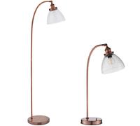 Standing Floor & Table Lamp Set Aged Copper Glass Shade Retro Industrial Light