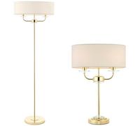 Standing Floor & Table Lamp Set Brass Crystal & Vintage White Shade Twin Light