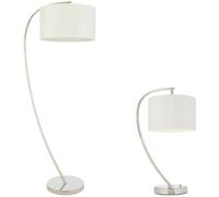 Loops Standing Floor & Table Lamp Set Bright Nickel & White Shade Curved Stem Light in Metallics Loops Metallics