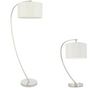 Loops Standing Floor & Table Lamp Set Bright Nickel & White Shade Curved Stem Light in Metallics Loops Metallics