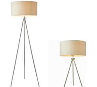 Standing Floor & Table Lamp Set Chrome Plate Ivory Shade Sleek Tripod Leg Light