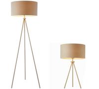 Standing Floor & Table Lamp Set Matt Nickel & Grey Shade Sleek Tripod Leg Light