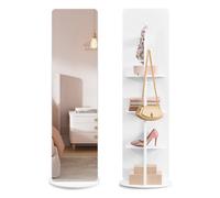SONGMICS Full-Length Mirror, Standing Full Body Mirror, 360° Rotatable, 163 x 45 cm, with Base, Shelves, and Hooks, Clear Tempered Glass, for Bedroom, Living Room, Cloud White LFM036W01
