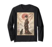 Standing Geisha and Black Cat Under Red Moon Japanese Art Long Sleeve T-Shirt