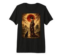 Standing Geisha and Black Cat Under Red Moon Japanese Art Premium T-Shirt