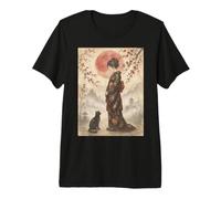 Standing Geisha and Black Cat Under Red Moon Japanese Art Premium T-Shirt