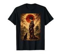 Standing Geisha and Black Cat Under Red Moon Japanese Art Value Graphic T-Shirt