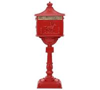 Standing Letter Box Red Cast Aluminium 42.5 x 29.5 x 117 cm with Lock and Flap for Outdoor Garden Patio Weatherproof and Lockable with Newspaper Compartment and Post Box