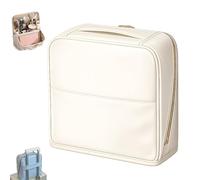 Standing Makeup Bag with Compartments, Large-Capacity Wide Opening Waterproof PU Leather Cosmetic Organizer with Mirror, Can Be Hung on a Suitcase, for Travel & Daily Use (Beige)