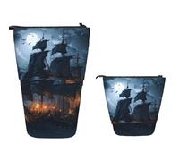 Standing Pencil Case Big Capacity Stand Up Pencil Pouch Cute Telescopic Pencil Bag Pop up Pencils Holder Pirate sailboat full moon Pen Holder Portable Makeup Bag Desk Organizer for Office Supplies