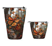 Standing Pencil Case Big Capacity Stand Up Pencil Pouch Cute Telescopic Pencil Bag Pop up Pencils Holder Monarch butterflies Pen Holder Portable Makeup Bag Desk Organizer for Office Supplies