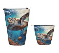 Standing Pencil Case Big Capacity Stand Up Pencil Pouch Cute Telescopic Pencil Bag Pop up Pencils Holder Sea Turtle Dolphin Fish Pen Holder Portable Makeup Bag Desk Organizer for Office Supplies