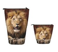 Standing Pencil Case Big Capacity Stand Up Pencil Pouch Cute Telescopic Pencil Bag Pop up Pencils Holder Lion Sitting on Blanket Pen Holder Portable Makeup Bag Desk Organizer for Office Supplies