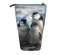 Standing Pencil Case, Penguin Parents and Chicks Antarctica Large Telescopic Pencil Holder, Cute Makeup Cosmetics Bag with Zipper Aesthetic Pencil Bags for Christmas Holiday New Year Office Bag