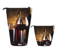 Standing Pencil Case Pop Up Pen Case Three Wine Bottles and Glass Over Telescopic Pencil Pouch Cute Pen Holder Large Capacity Makeup Bag Portable Makeup Pouch Cosmetics Bag Travel Toiletry Bag