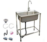 Standing Single Bowl Kitchen Sink, Stainless Steel Floor Standing Laundry Tub with Drain Basket Washing Station Sink, Portable Commercial Utility Sink for Restaurant Cafe Bar